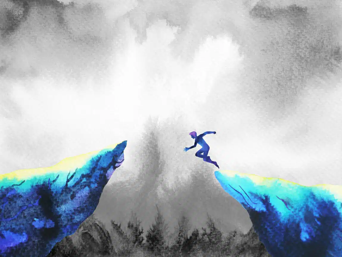 Man Jumping Leap Over To Success Power