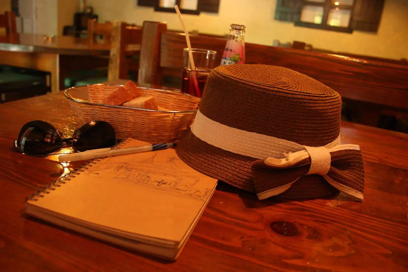Eyeglass, Notebook, Pencil, Drink and Hat